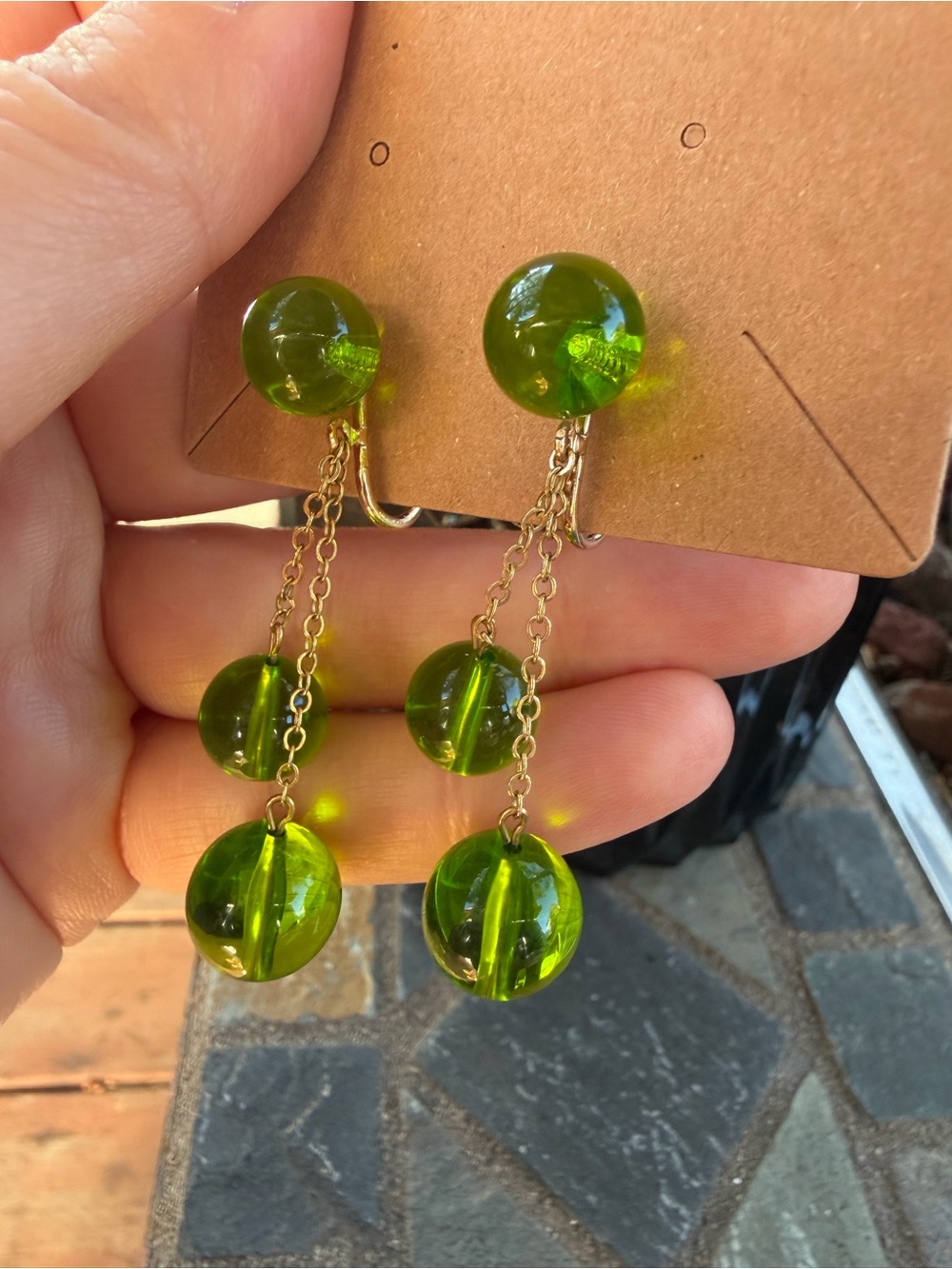 Rare Mystical Green Glass Drop Earrings | Signed Richelieu - Picture 4 of 11